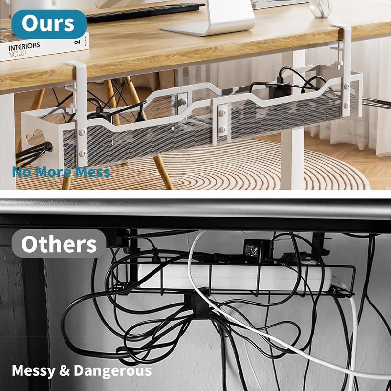 Litwaro Under Desk Cable Management Tray White, Cable Management Under Desk No Drill, 25'' Cable Tray with Clamp for Wire Management, Cord Organizer for Office, Home - No Damage to Table - Image 3